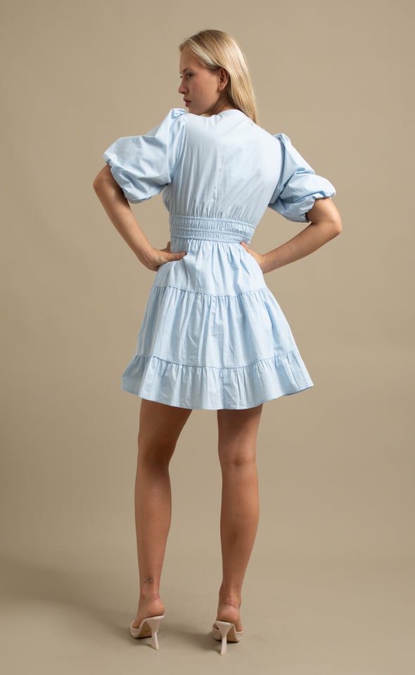 Cotton Puff Sleeve Short Tier Dress Ice Blue