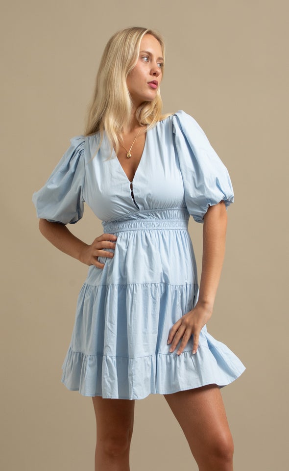 Cotton Puff Sleeve Short Tier Dress Ice Blue