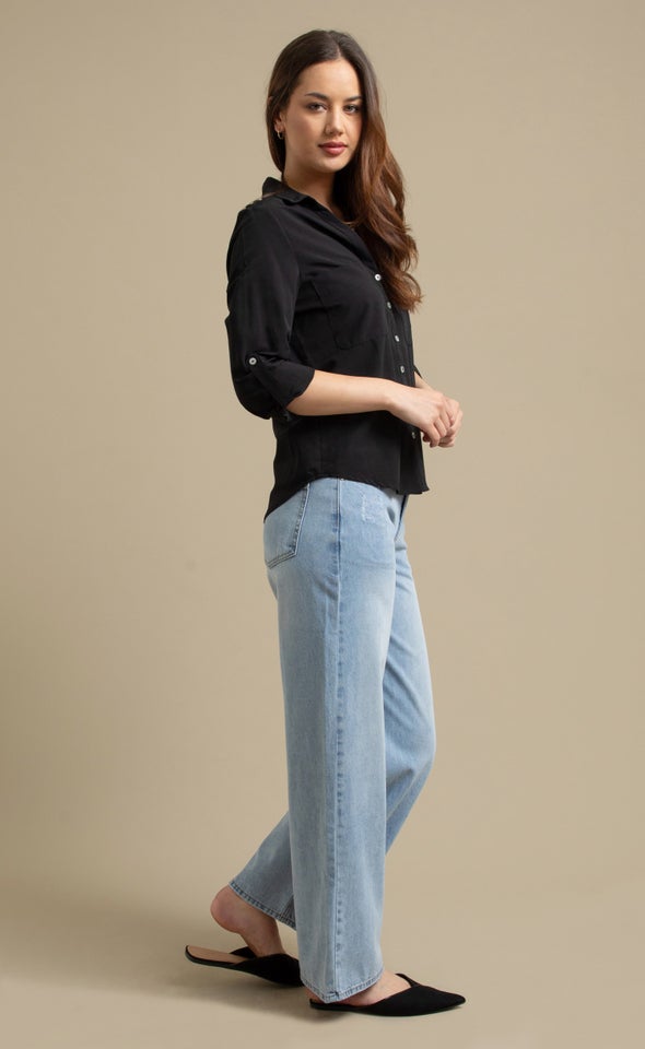 Cotton Roll Sleeve Shirt Black