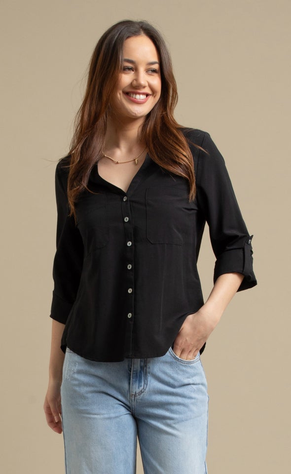 Cotton Roll Sleeve Shirt Black