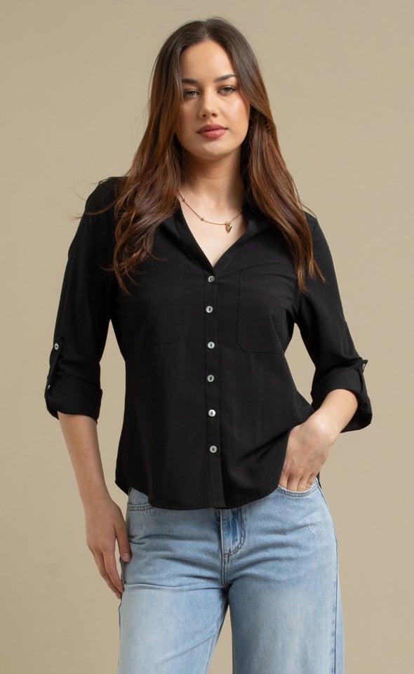Cotton Roll Sleeve Shirt Black