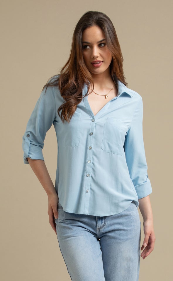 Cotton Roll Sleeve Shirt Sky Blue