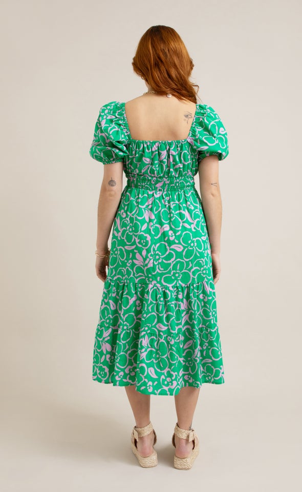 Cotton Square Neck Midi Dress Green/pink