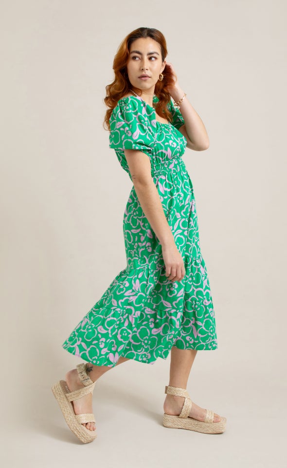 Cotton Square Neck Midi Dress Green/pink