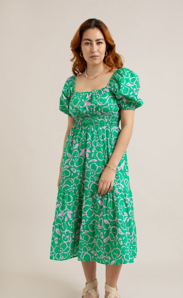 Cotton Square Neck Midi Dress Green/pink