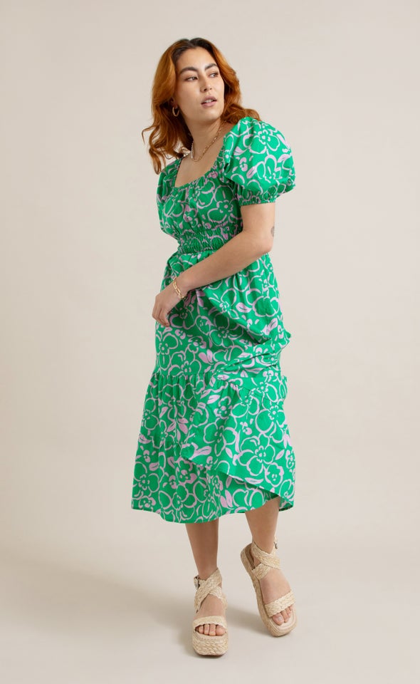 Cotton Square Neck Midi Dress Green/pink