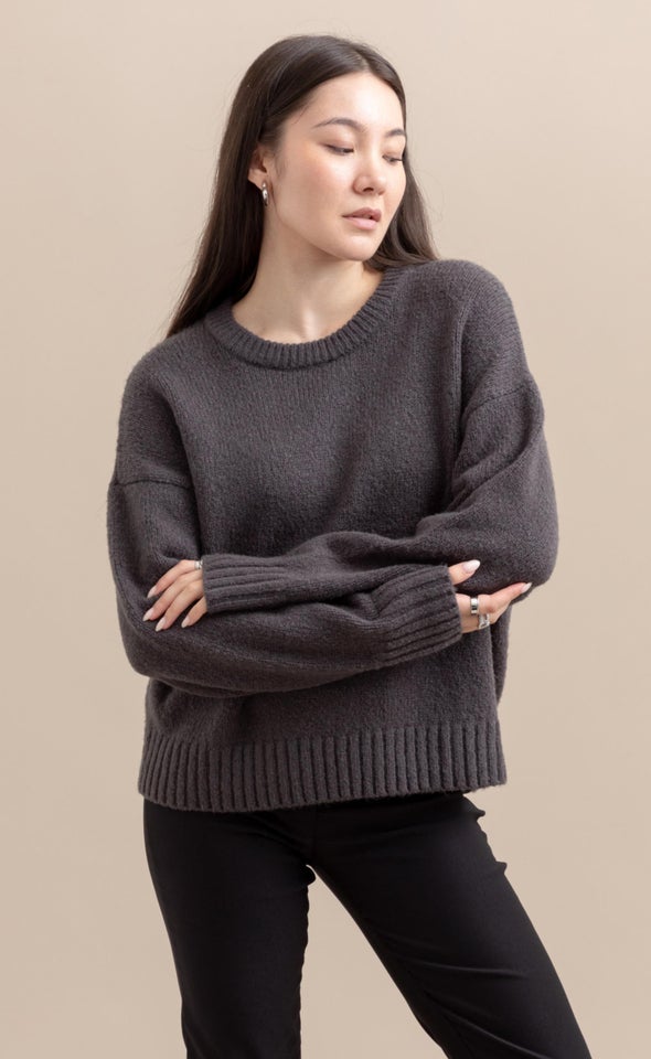 Crew Neck Long Sleeve Sweater Charcoal