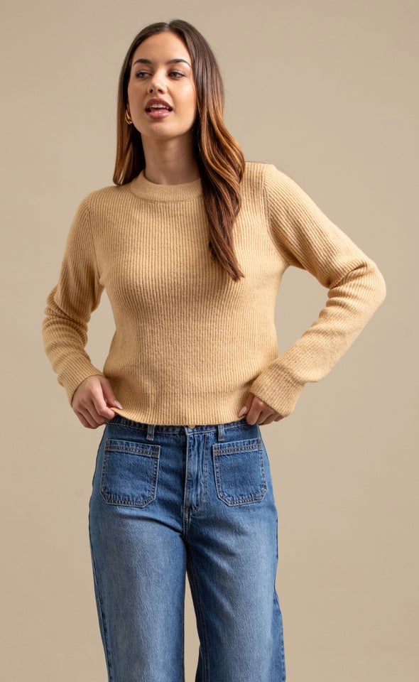 Crew Neck Rib Sweater Camel