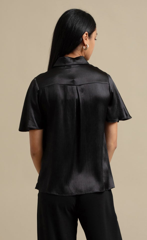 Crinkle Chiffon Flutter Sleeve Shirt Black