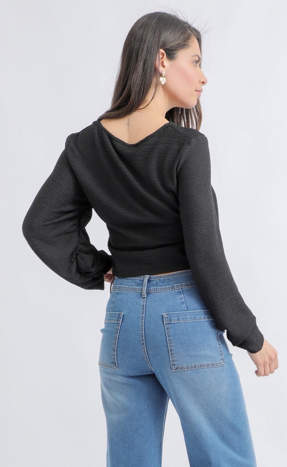 Crinkle Knit Blouson Top Black