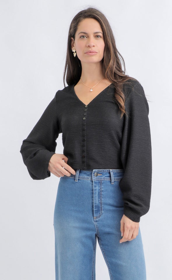 Crinkle Knit Blouson Top Black