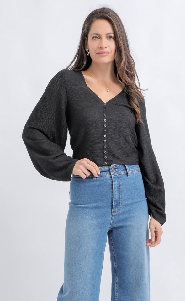 Crinkle Knit Blouson Top Black