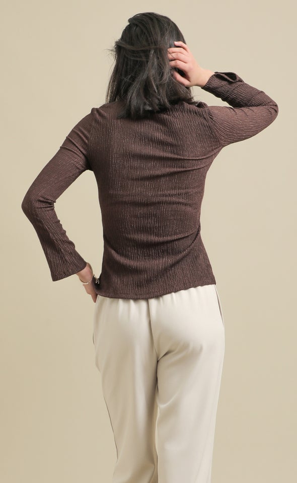 Crinkle Knit Button Up Top Chocolate