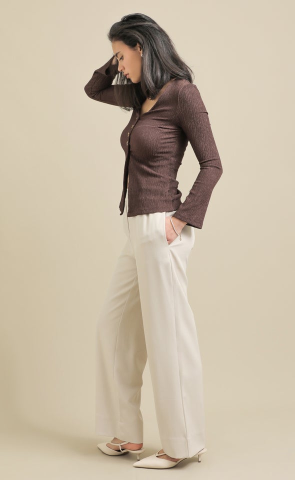Crinkle Knit Button Up Top Chocolate