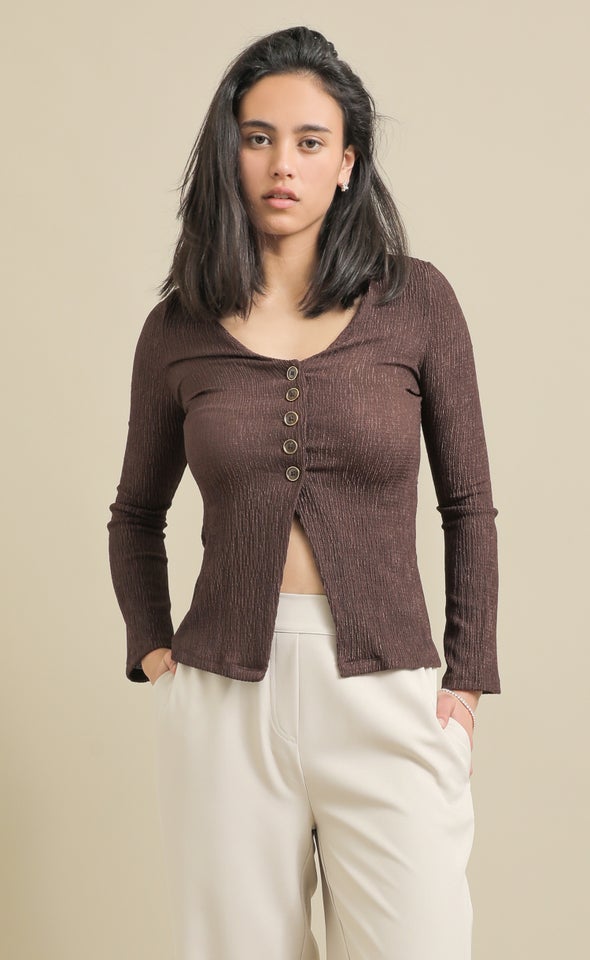 Crinkle Knit Button Up Top Chocolate