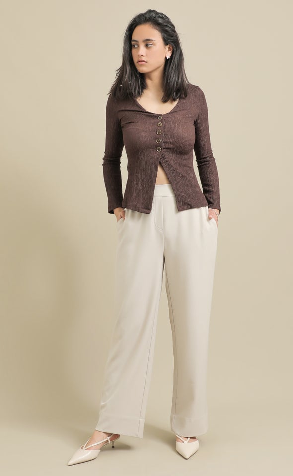 Crinkle Knit Button Up Top Chocolate