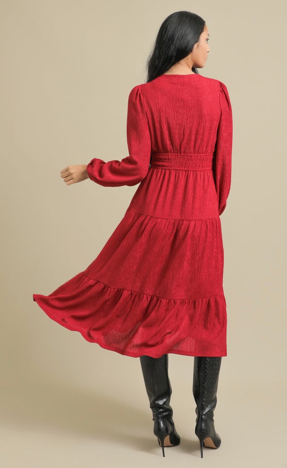 Crinkle Knit LS Midi Dress Berry