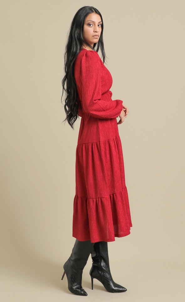 Crinkle Knit LS Midi Dress Berry
