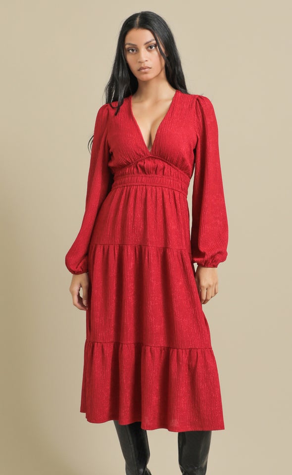 Crinkle Knit LS Midi Dress Berry
