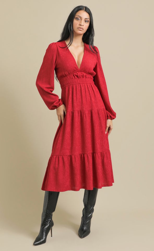 Crinkle Knit LS Midi Dress Berry
