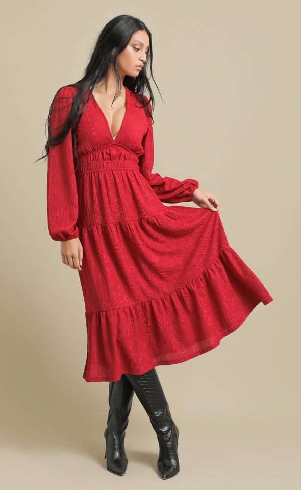 Crinkle Knit LS Midi Dress Berry