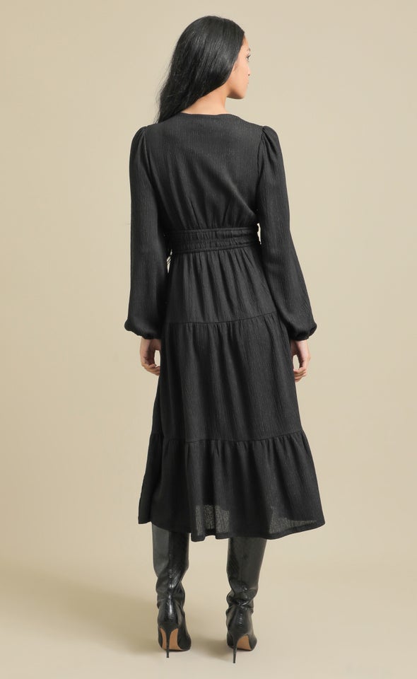 Crinkle Knit LS Midi Dress Black