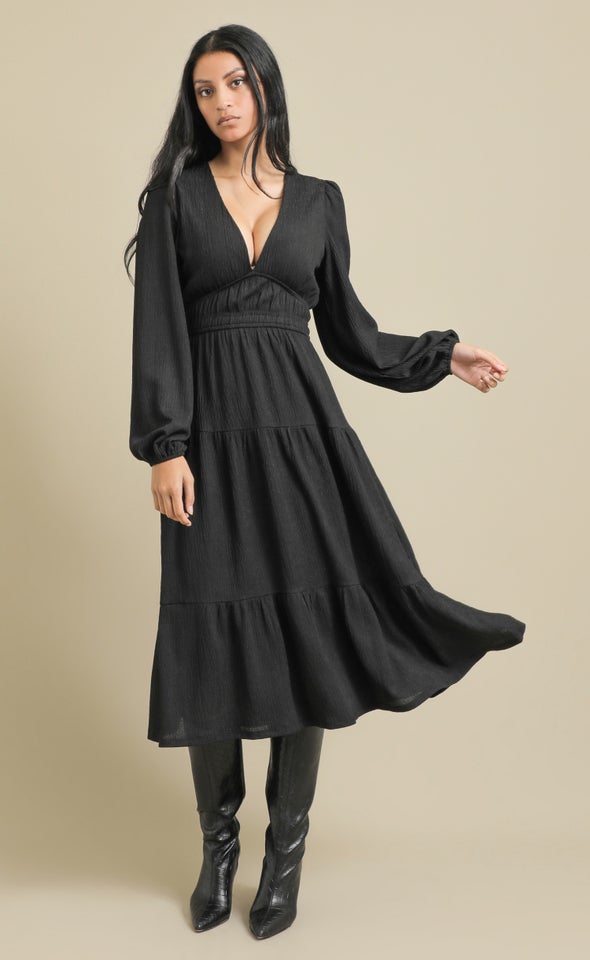 Crinkle Knit LS Midi Dress Black