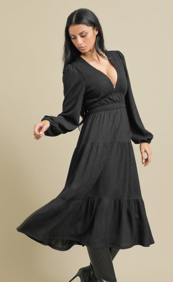 Crinkle Knit LS Midi Dress Black