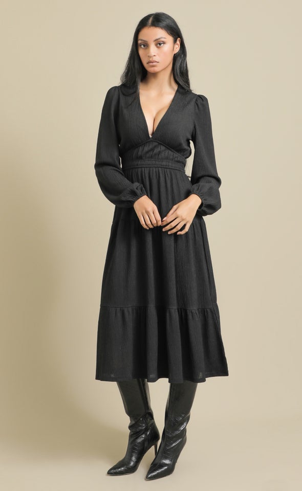 Crinkle Knit LS Midi Dress Black