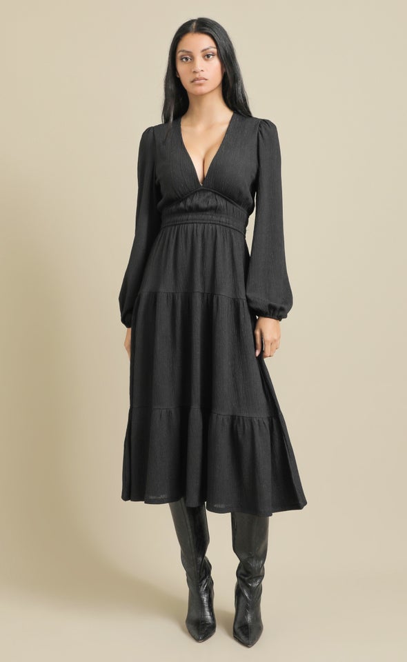 Crinkle Knit LS Midi Dress Black