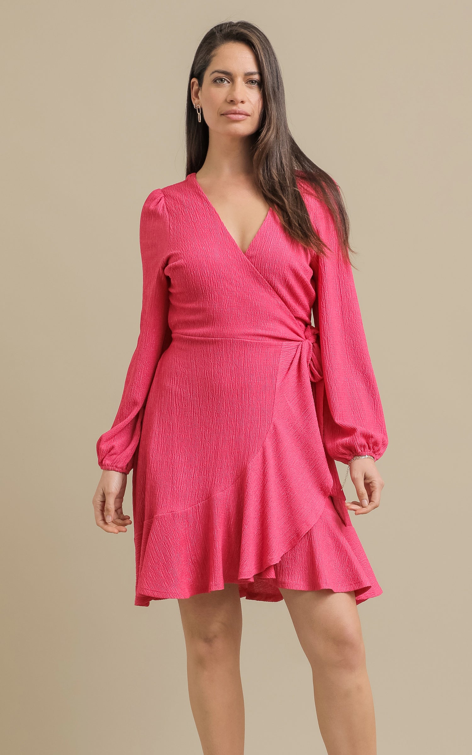Shop our Glitter Knit Ruched Wrap Dress in Gold | Pagani