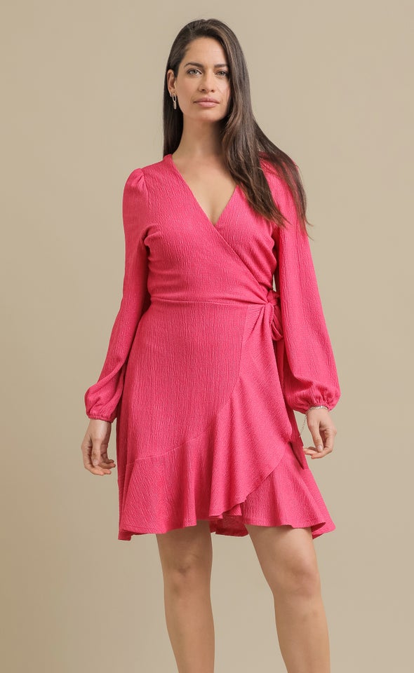 Crinkle Knit LS Wrap Dress Berry