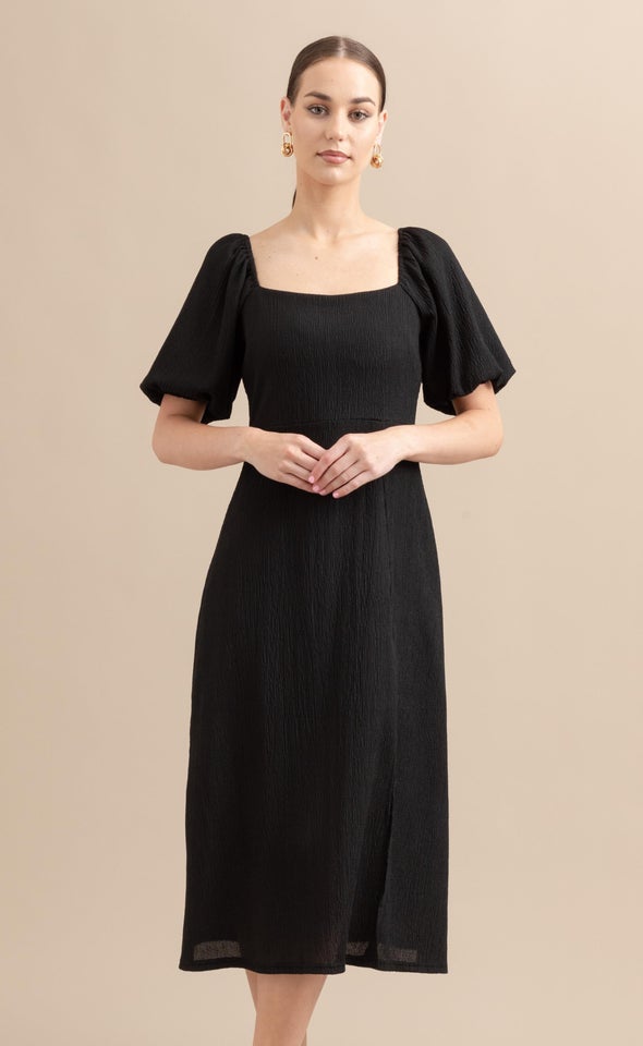 Crinkle Knit Midi Dress Black