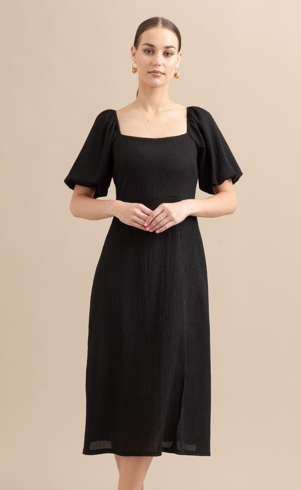 Crinkle Knit Midi Dress Black