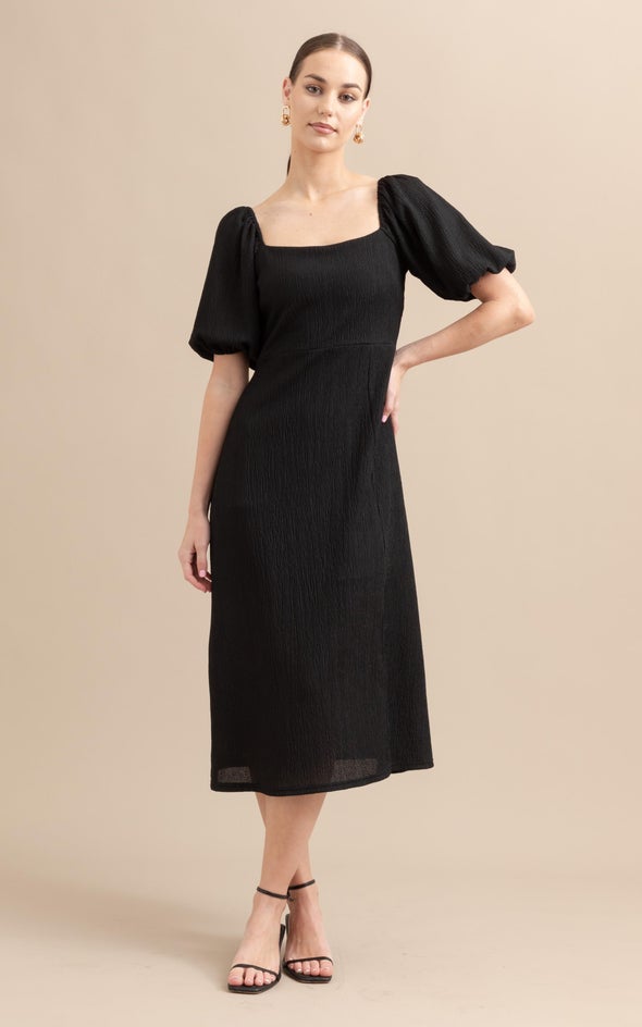 Crinkle Knit Midi Dress Black