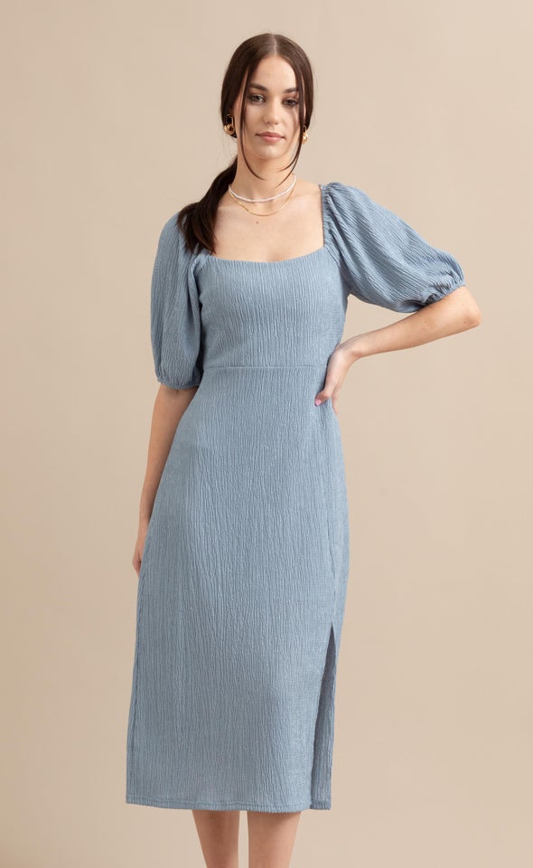 Crinkle Knit Midi Dress Ice Blue