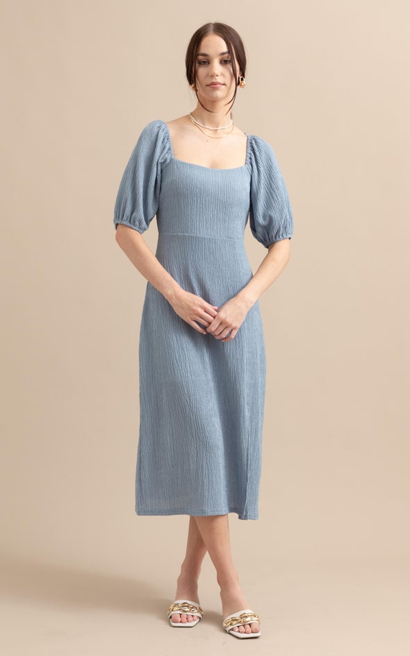 Crinkle Knit Midi Dress Ice Blue