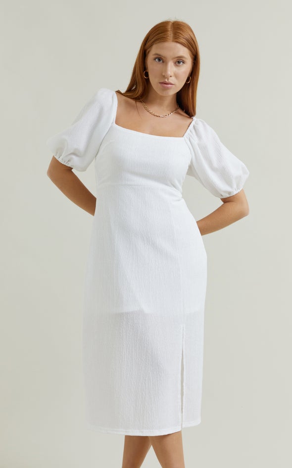 Crinkle Knit Midi Dress White