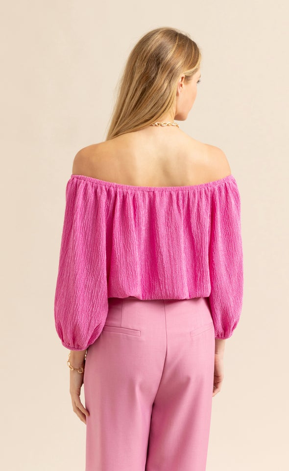 Crinkle Knit Off The Shoulder Top Pink