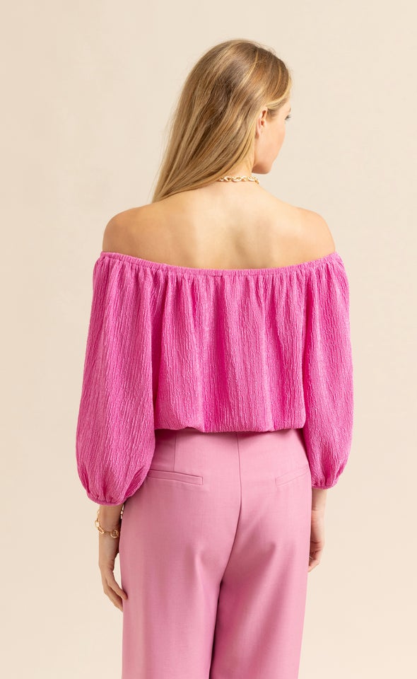 Crinkle Knit Off The Shoulder Top Pink