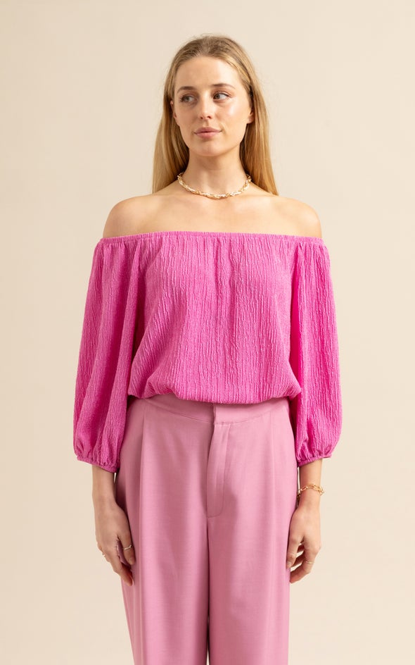 Crinkle Knit Off The Shoulder Top Pink