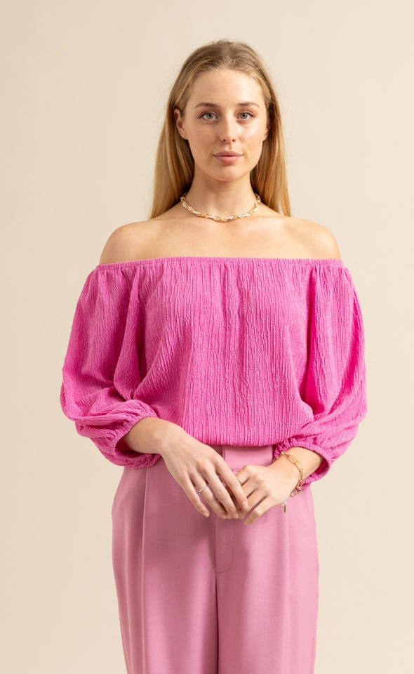 Crinkle Knit Off The Shoulder Top Pink