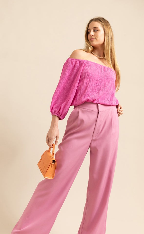 Crinkle Knit Off The Shoulder Top Pink