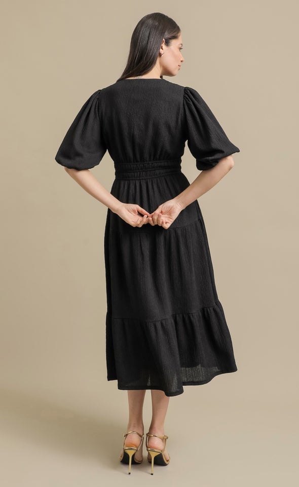 Crinkle Knit Puff Sleeve Dress Black