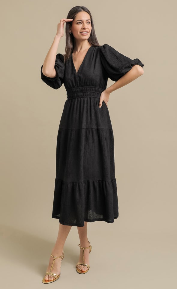 Crinkle Knit Puff Sleeve Dress Black