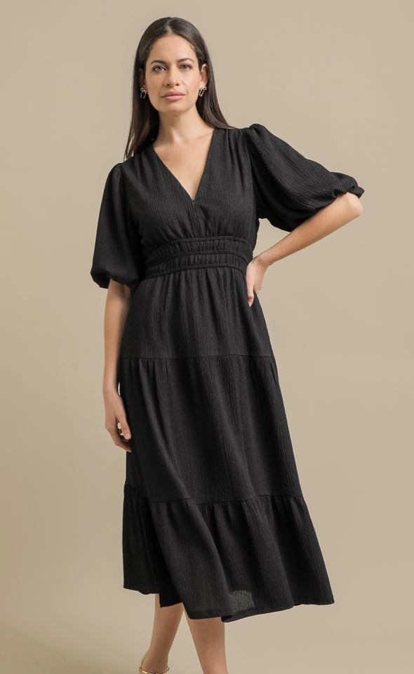 Crinkle Knit Puff Sleeve Dress Black