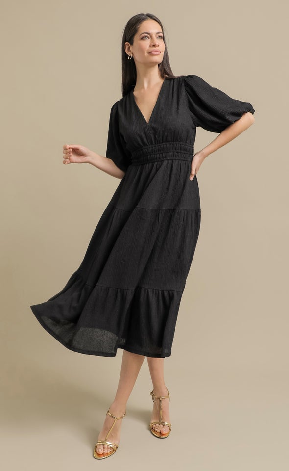 Crinkle Knit Puff Sleeve Dress Black