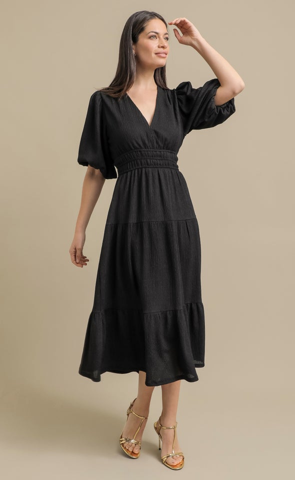 Crinkle Knit Puff Sleeve Dress Black
