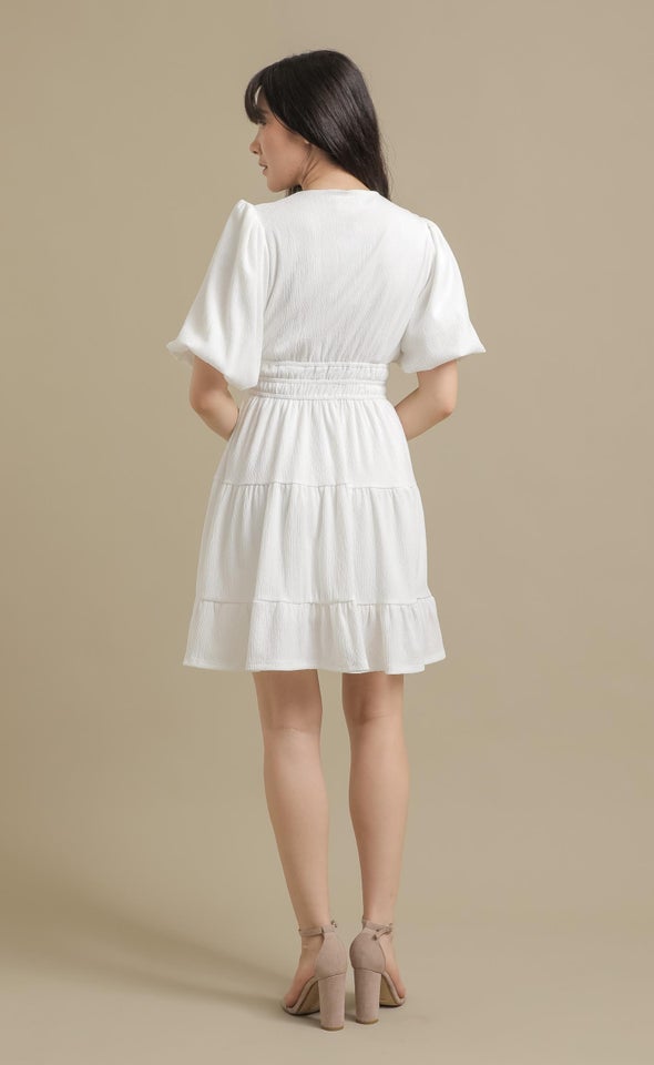 Crinkle Knit Puff Slv Tier Dress White