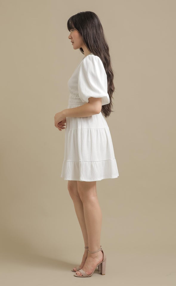 Crinkle Knit Puff Slv Tier Dress White